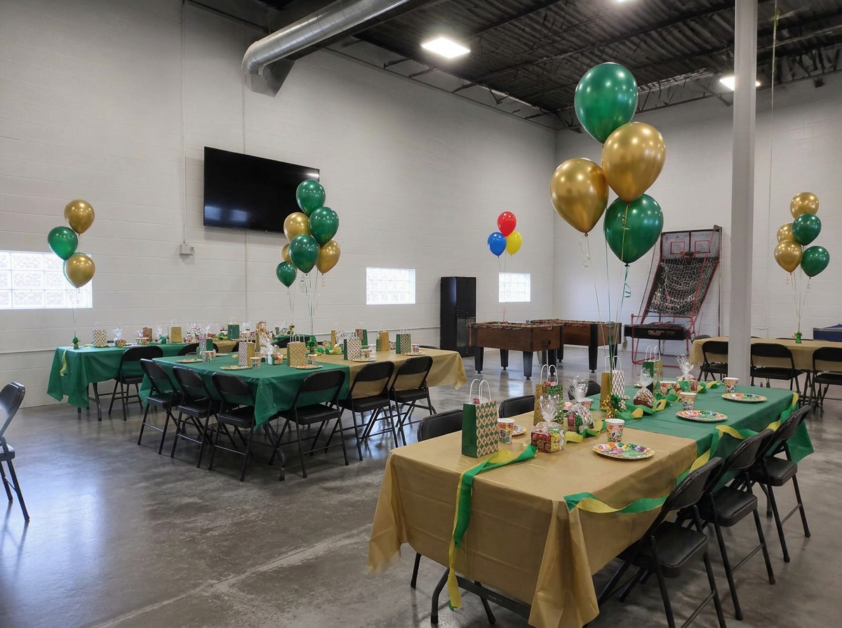 Party room set with balloons, tables and seating for a birthday booking