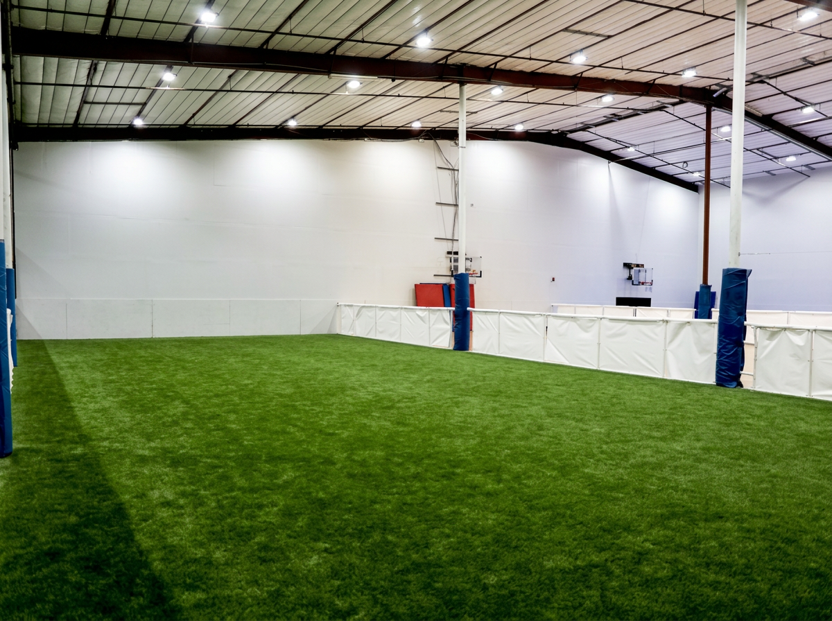 Indoor turf field with perimeter netting and goals at PSA Sports Club