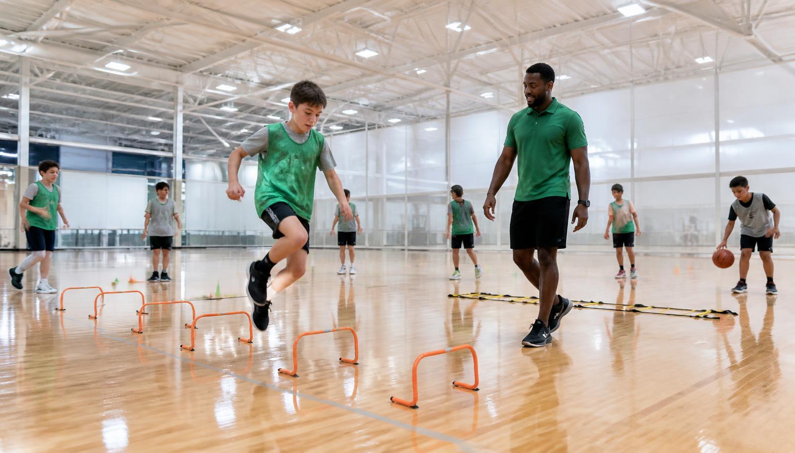 Athletes clearing agility hurdles during a multi-sport speed session
