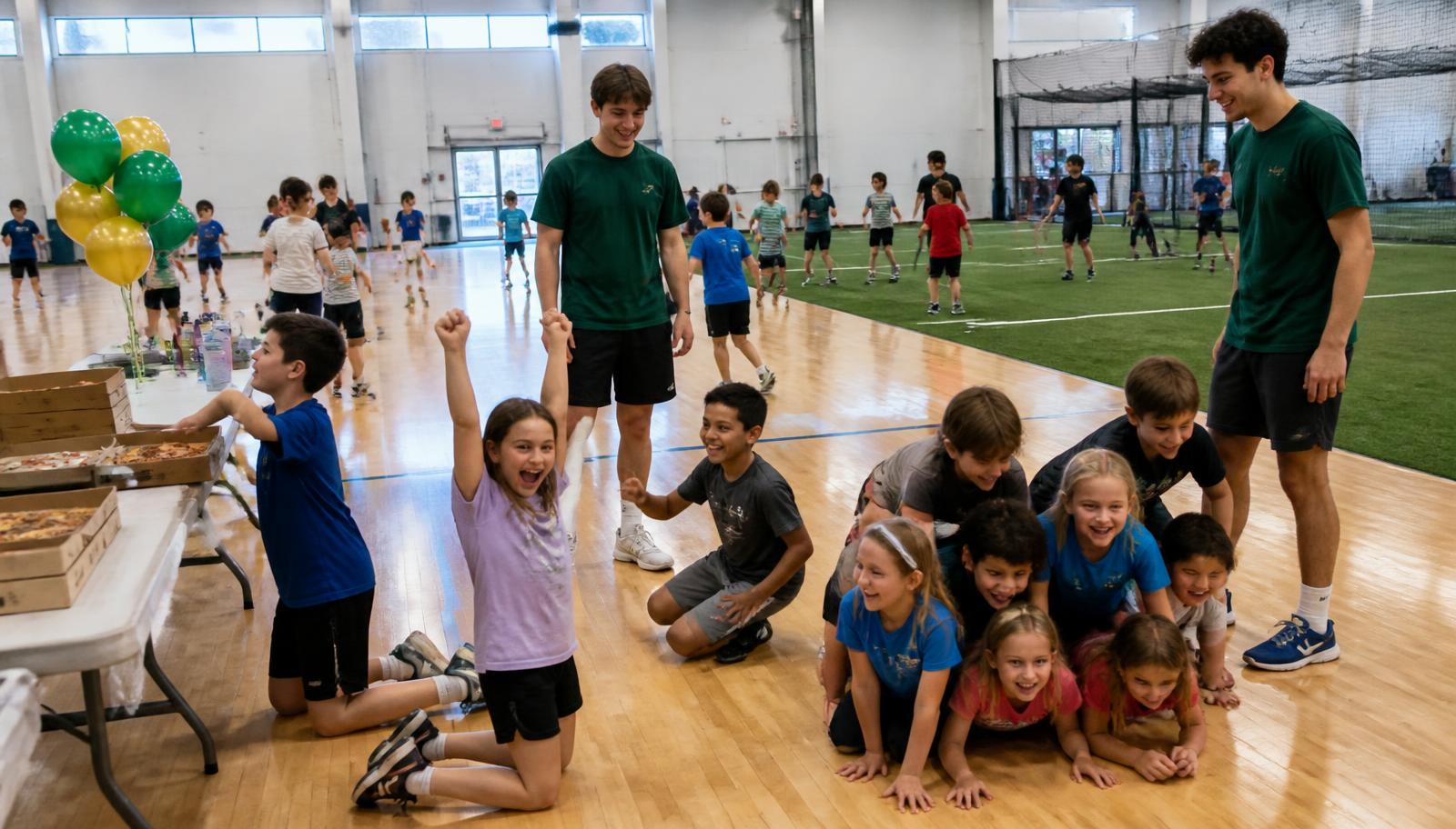 Coaches running games with kids at a Parents' Night Out session