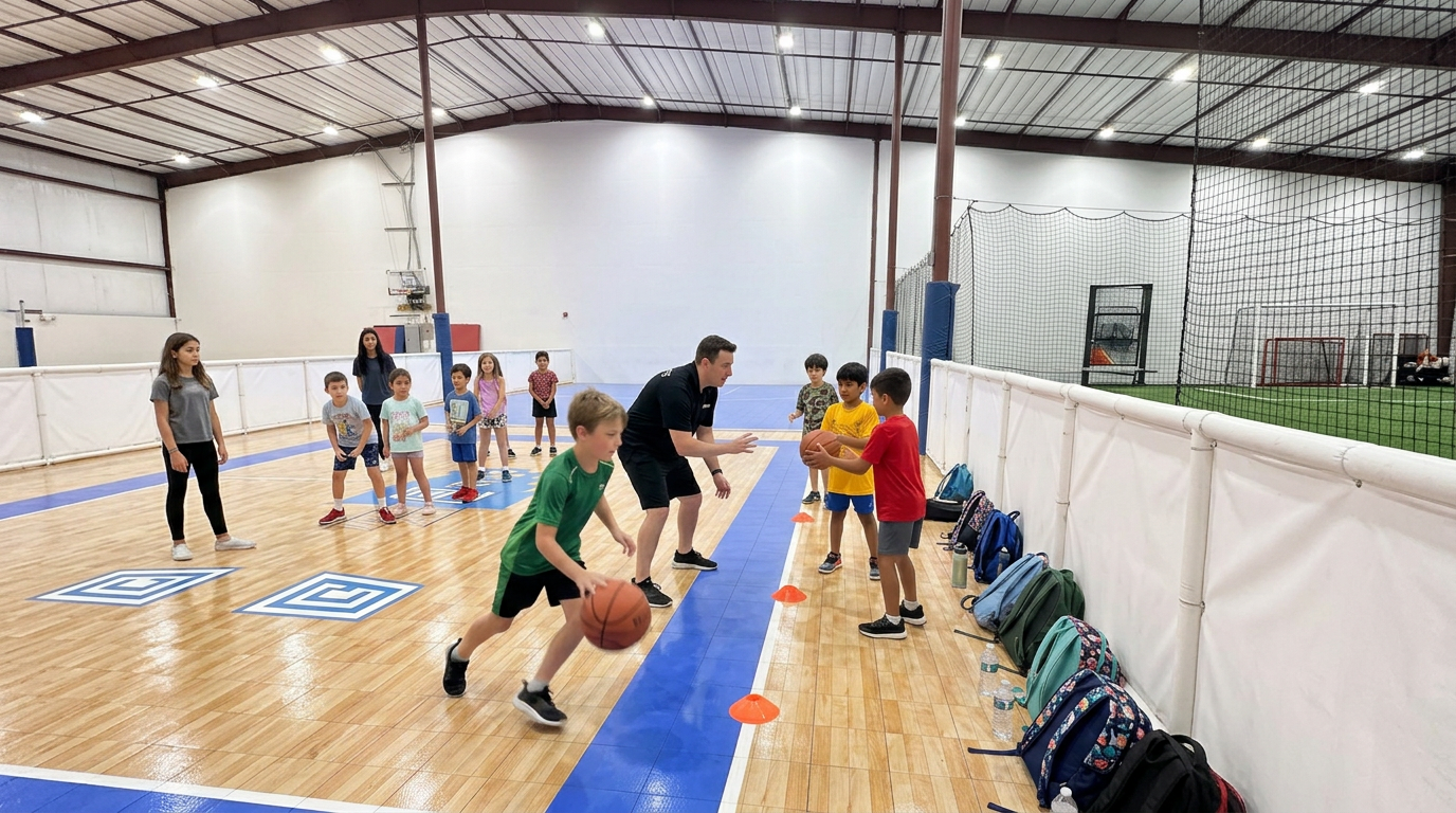 After-school group running basketball drills, backpacks lined along the boards